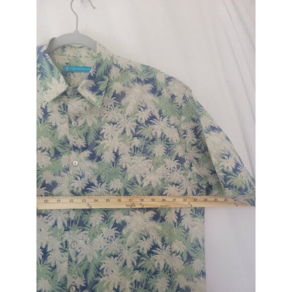 Tori Richard Hawaiian Shirt Mens L Cotton Lawn Tropical Button Up Palms Blue Gre - Picture 10 of 11